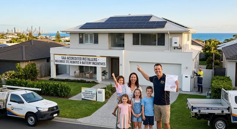 Australian family at a Gold Coast home with rooftop solar and a battery, with SAA-accredited installers — STC rebates and battery incentives