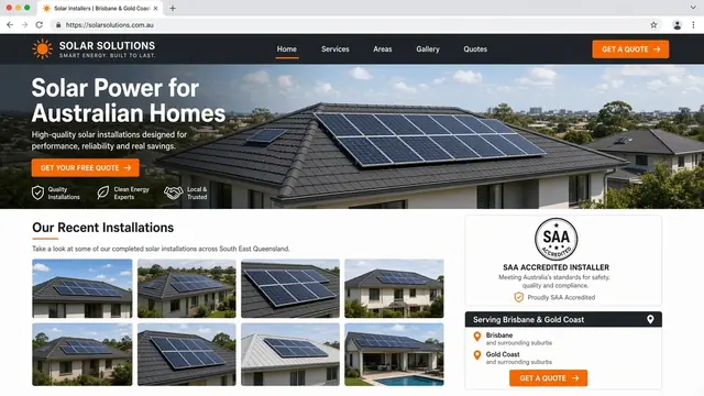 Full multi-page commercial and residential solar installer website showcase with interactive quote calculator preview