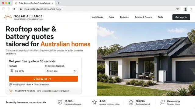Single-page high-converting solar lead capture landing page design preview for Australian accredited installers