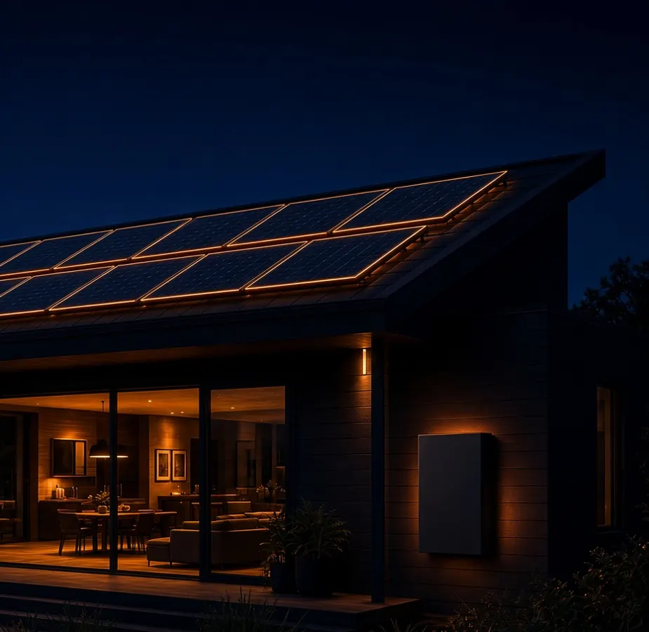 Night house with rooftop solar edged in Solar Alliance orange. Artwork by Jai Taylor · Honeypot.